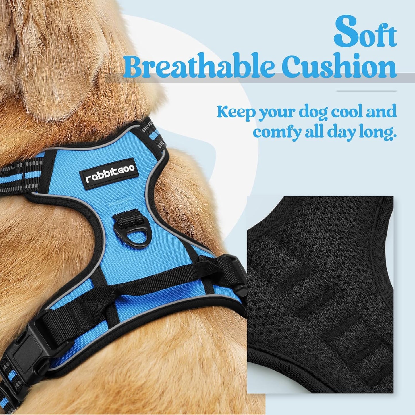 rabbitgoo Dog Harness No Pull with 2 Leash Clips, Adjustable Soft Padded, Reflective Oxford No Choke Pet Vest with Easy Control Handle for Large Dogs, Blue, XL