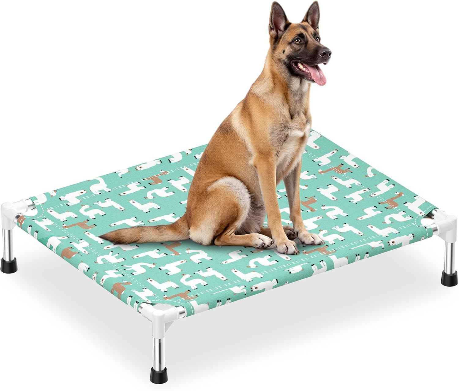 Cute Alpaca Print Elevated Dog Bed - Portable Cooling Pet Cot for Medium Dogs - Breathable Thickened Fabric Hammock, Crate Compatible, Indoor & Outdoor Use