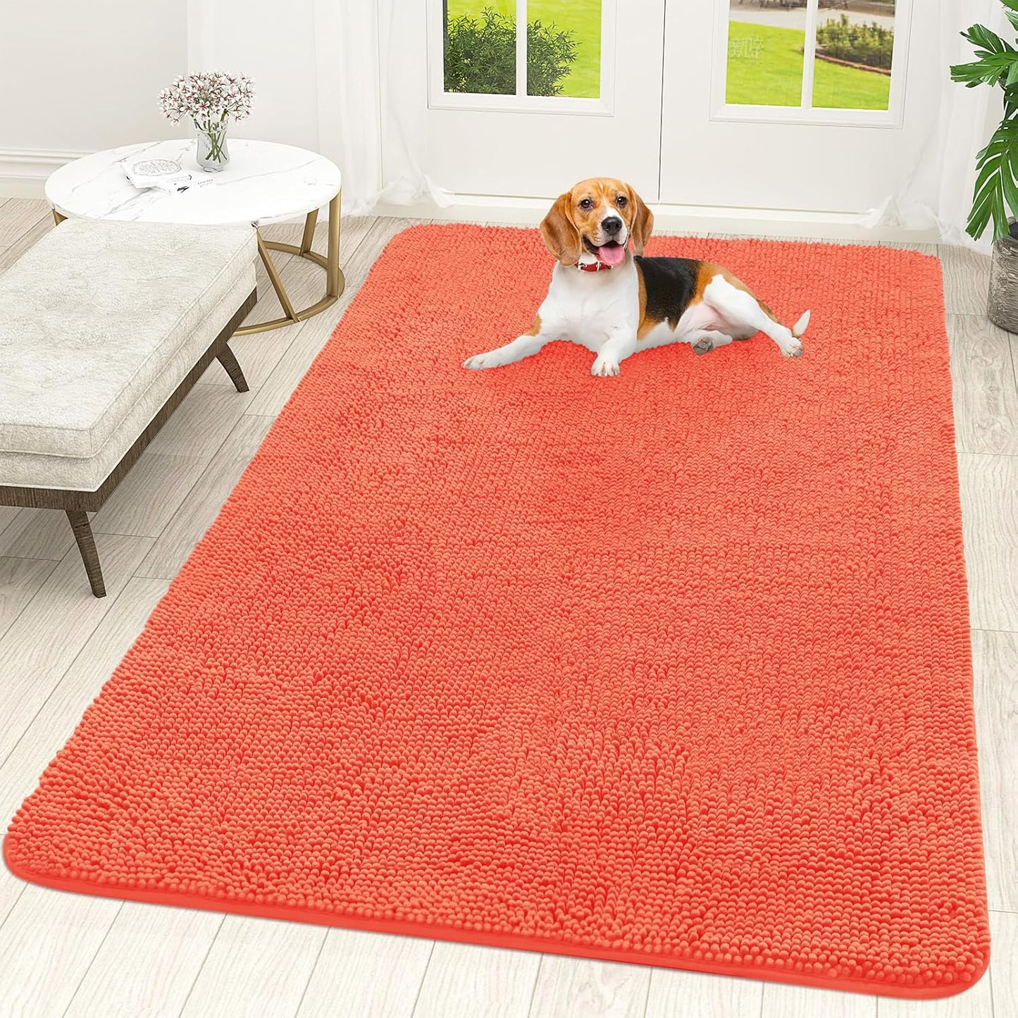 OLANLY Dog Door Mat for Muddy Paws 70x46, Absorbs Moisture and Dirt, Absorbent Non-Slip Washable Doormat, Quick Dry Chenille Mud Mat for Dogs, Entry Indoor Entryway Carpet for Inside Floor, Coral