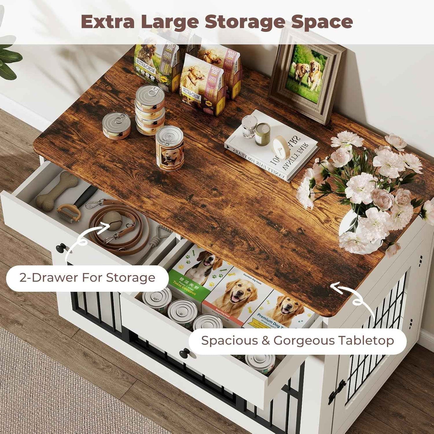 Farmhouse Dog Crate Furniture- 40 inch Dog Kennel with Drawers-Heavy Duty End Table Wooden Pet Crate, Decorative Dog House Indoor for Small Medium Large Dog, White
