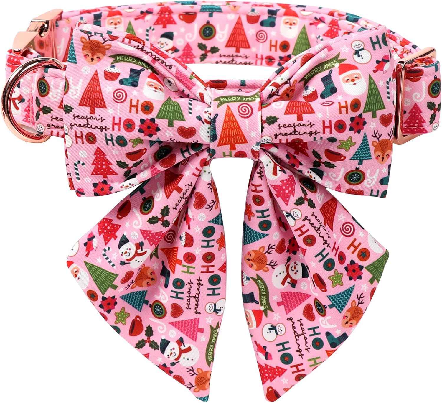 Lionet Paws Christmas Dog Collar with Sailor Bow, Cute Ho Christmas Tree Snowman Pink Dog Collar Bow Tie for Large Dogs, Neck 16-24 inches