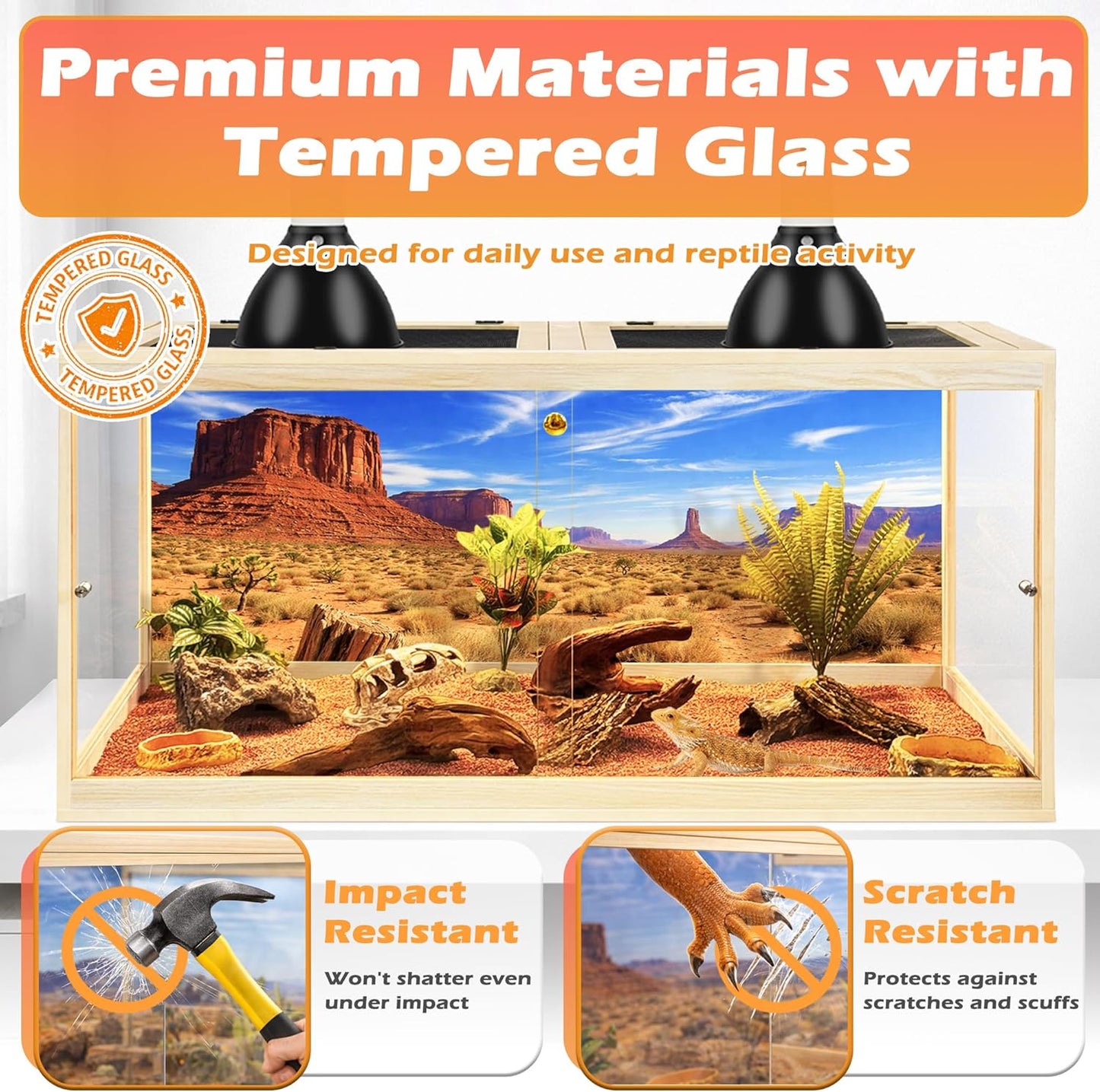 PROLEE 120 Gallon Bearded Dragon Tank, Tempered Glass Reptile Tank with Mesh Roof and Front Sliding Door, Anti-Scratch Lizard Tank, 4X2X2 Reptile Encloure, 48“L x 24”W x 24" H (Oak)