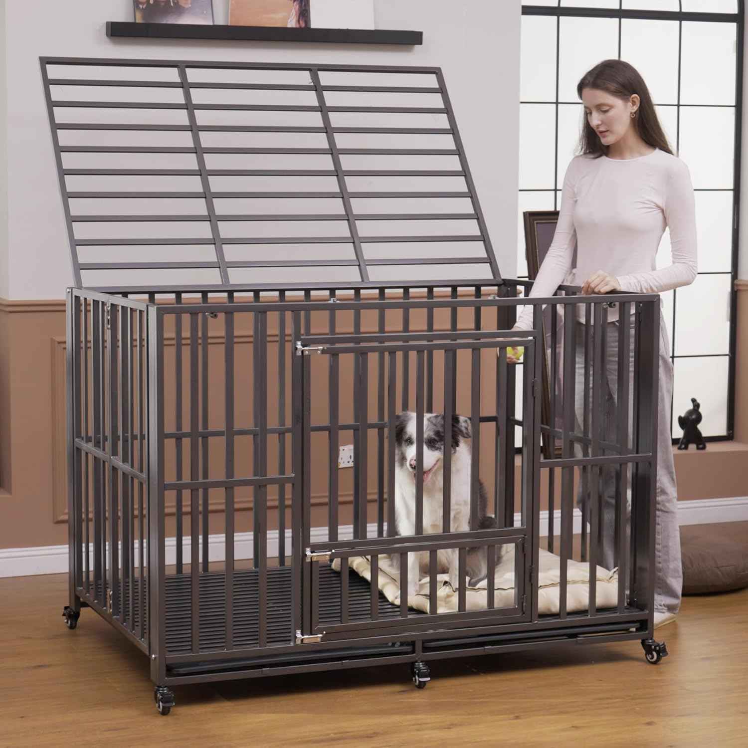 Polar Aurora Heavy Duty Dog Crate, Foldable Indestructible Dog Kennel, Escape Proof Extra Large Dog Cage with Lockable Wheels, High Anxiety Pet Playpen with Double Door for Indoor/Outdoor Use. (60in)