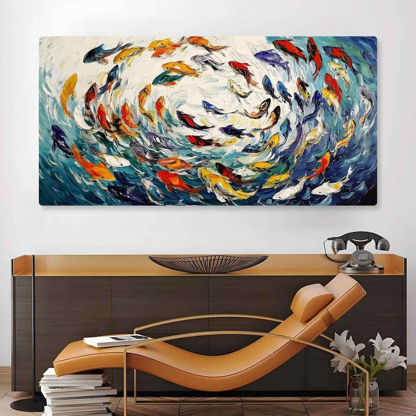 School of Fish Canvas Wall Art, Colorful Fish Herd Canvas Print, Abstract Sea Animal Wall Art, Coastal Pictures, Ocean Bathroom Decor, Marine Decor for Living Room, Bedroom (47"x24" | 120x60cm)