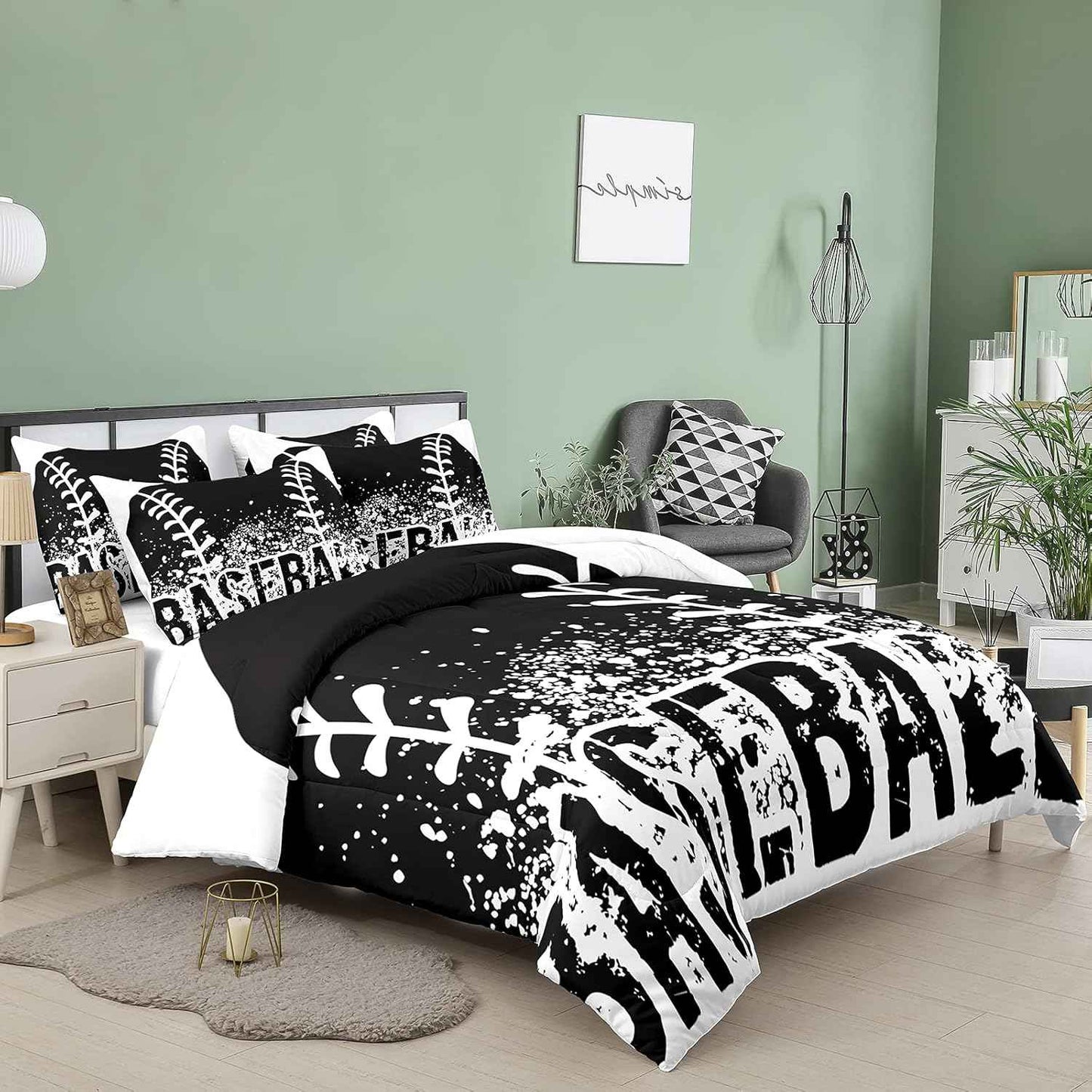 Bodhi Black and White Comforter Set,Sports Bedding Set for Kids,Boys Baseball Bedding Full Size,Kids Comforter Set with Pillowcases,Teen Boys Bedding Set Full Size