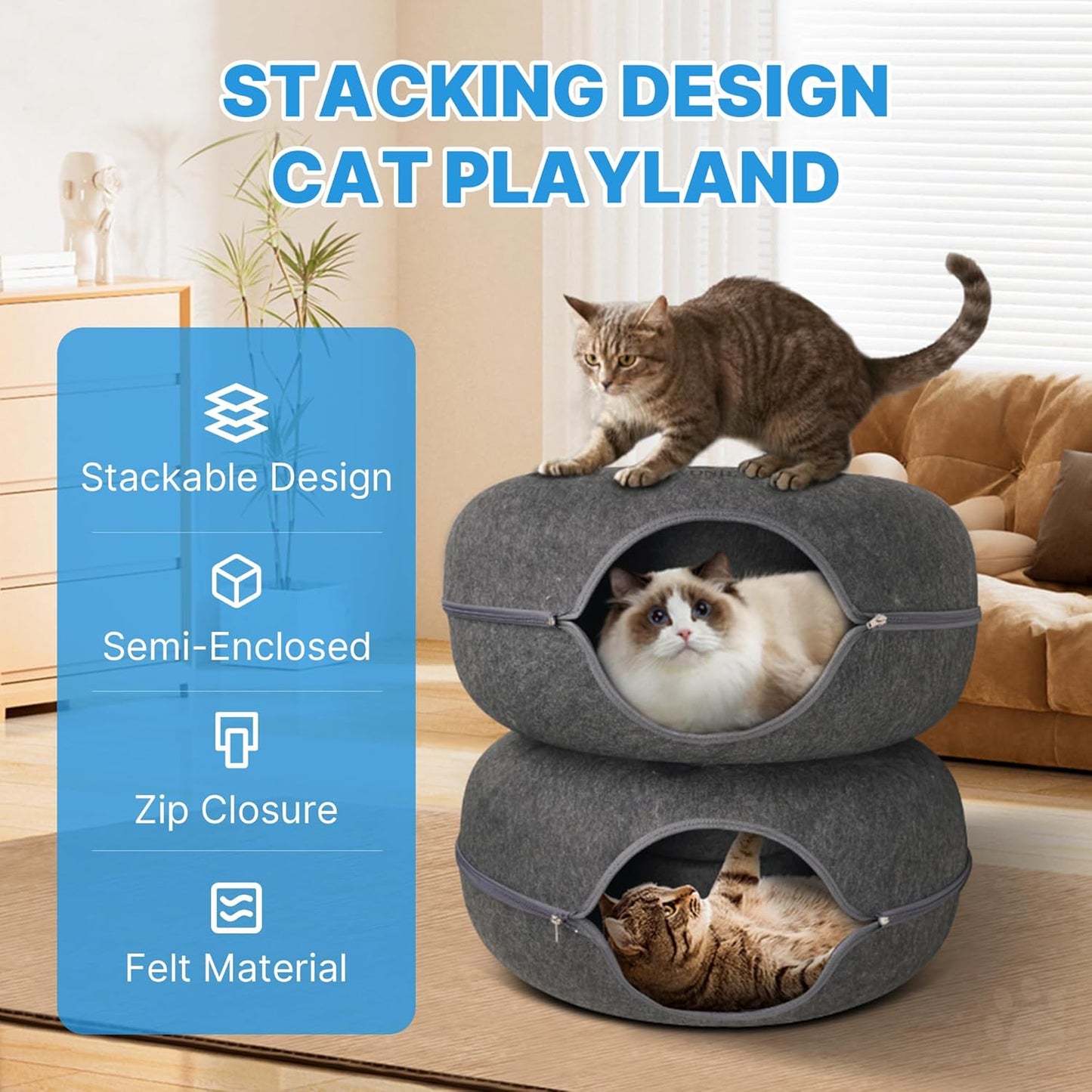 2-Level Detachable Large Cat Tunnel Bed for Indoor Cats, Scratch-Resistant Felt Donut Cat Cave, Supports Up to 30 lbs, Peekaboo Cat Tube (Dark Grey, L 24 x 24 x 22 in)