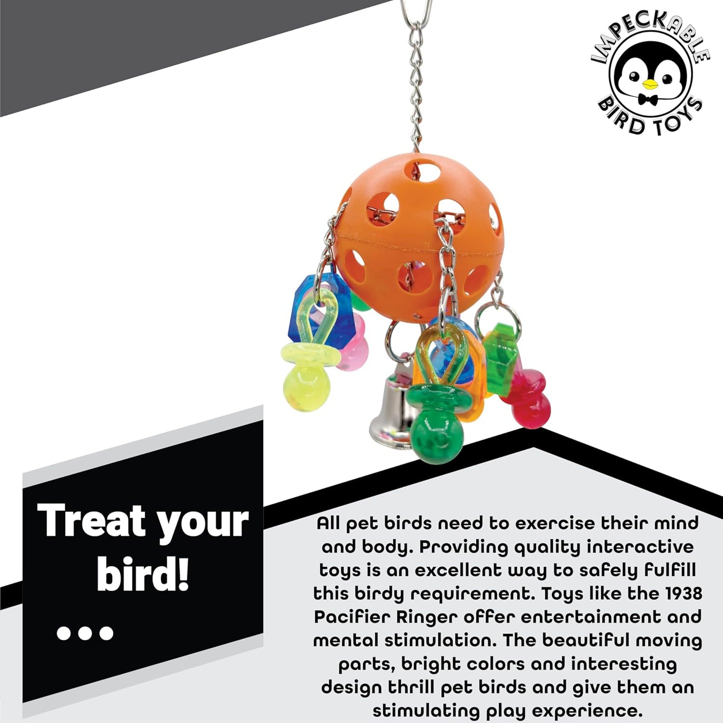 1938 Pacifier Ringer with Acrylic Ring, Pacifiers and Bell – Handcrafted by Impeckable Bird Toys – Great for Conures, African Greys, Amazons and Other Medium Birds