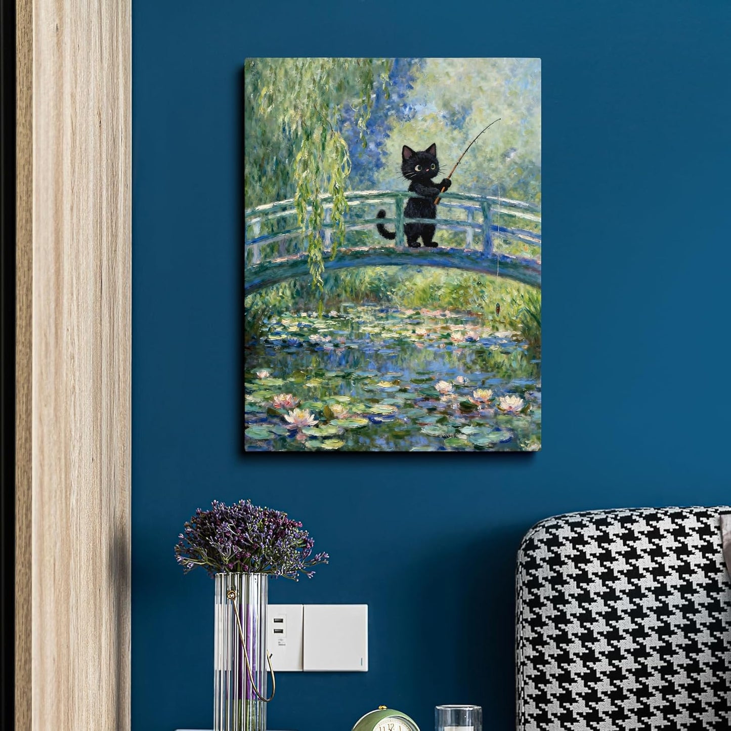 TimAsh Framed Monet Water Lilies Cat Wall Art, Vintage Canvas Art Wall Decor Funny Black Cat Aesthetic Posters Prints for Bathroom Bedroom Living Room Home Office Decorations 10L x 8W