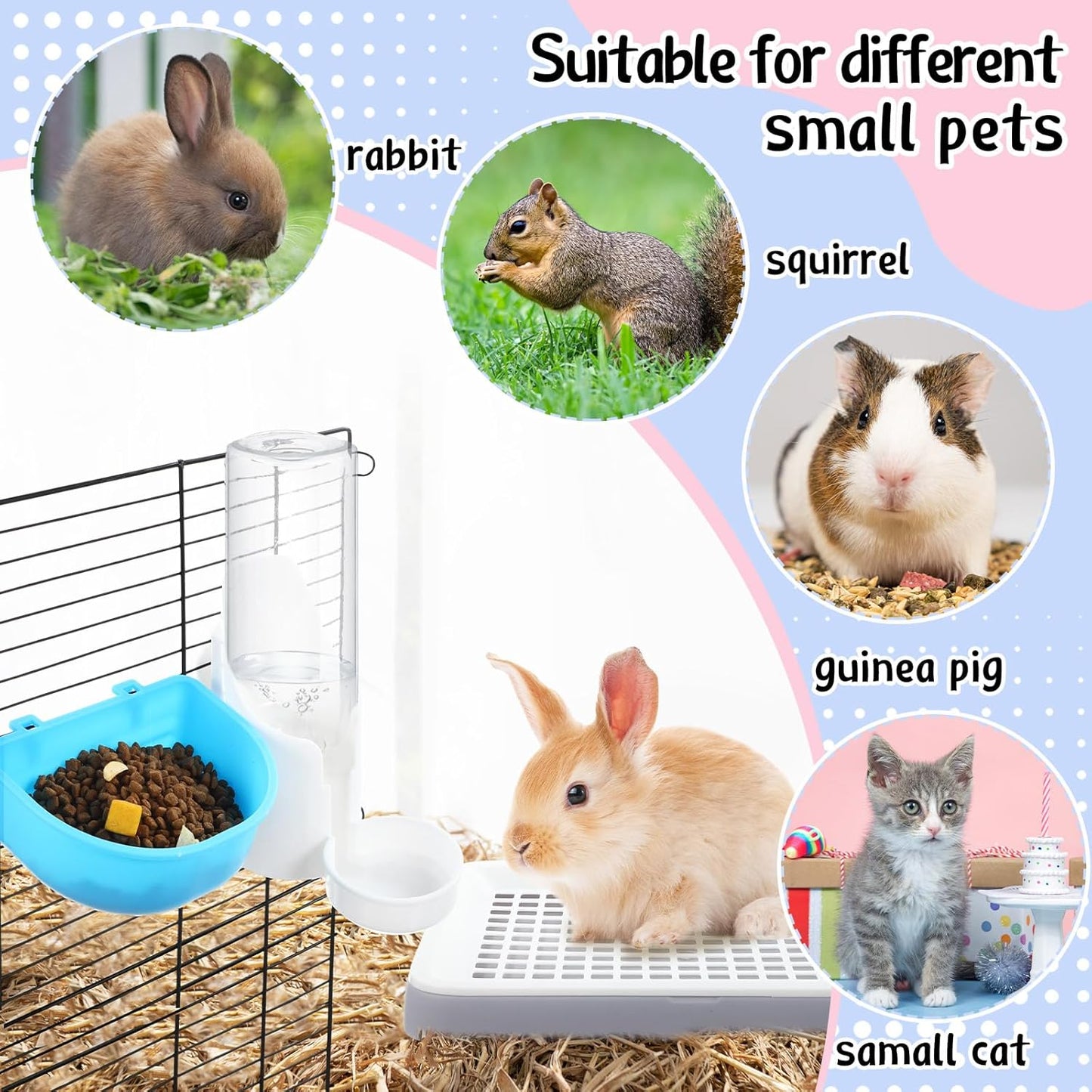 19 Pcs Rabbit Starter Kit Small Bunny Litter Box Animal Grooming Kit Water Bottle Bunny Toys Hay Feeder Bowl Blankets with Cleaning Set for Guinea Pig Rabbit Accessories