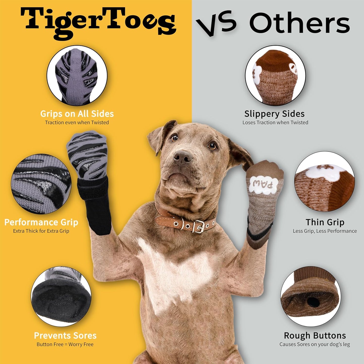 DOK TigerToes Premium Non-Slip Dog Socks for Hardwood Floors - Extra-Thick Grip That Works Even When Twisted - Prevents Licking, Slipping, and Great for Dog Paw Protection (XXXL)