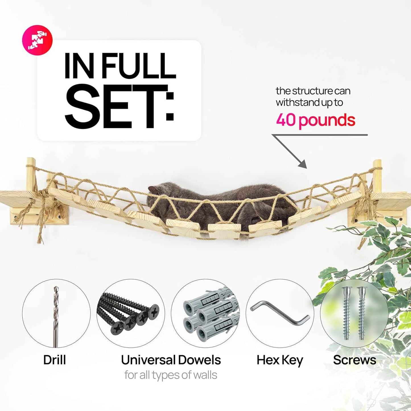 Wall-Mounted Roped Bridge, Shelves and Perches for Wall, Cloud Shelf Board, Cat Hammock, Cat Climber, Length 46 inches (Brown)