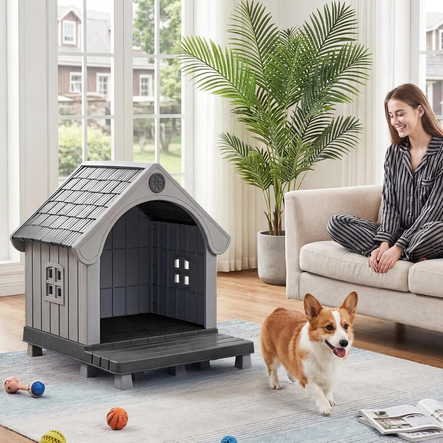 Dog House Outdoor Indoor Waterproof, Plastic Large Dog House with Elevated Floor and Air Vents, Sturdy Puppy Shelter for Large Medium Dog, Easy to Assemble, (Black 38×37×33 Inches)