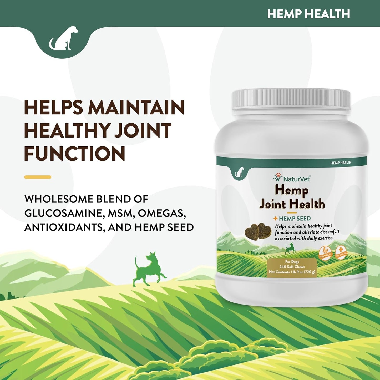 NaturVet Hemp Joint Health Hip & Joint Support Dog Supplement – Soft Chew Supplements for Dogs with Glucosamine, MSM, Chondroitin, Omega 3, Vitamins, Antioxidants – 240 Ct.