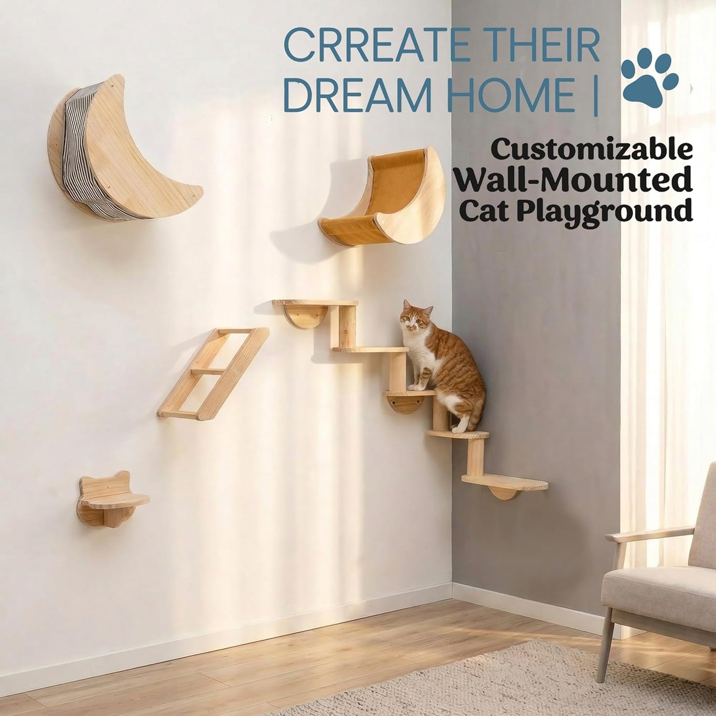 Cat Wall Shelves Set – Solid Wood Cat Wall Furniture with Moon Bed & Ladder, Wall Mounted Climbing Shelves for Indoor Cats, Space Saving Cat Gym Wall System (3pcs/Set)