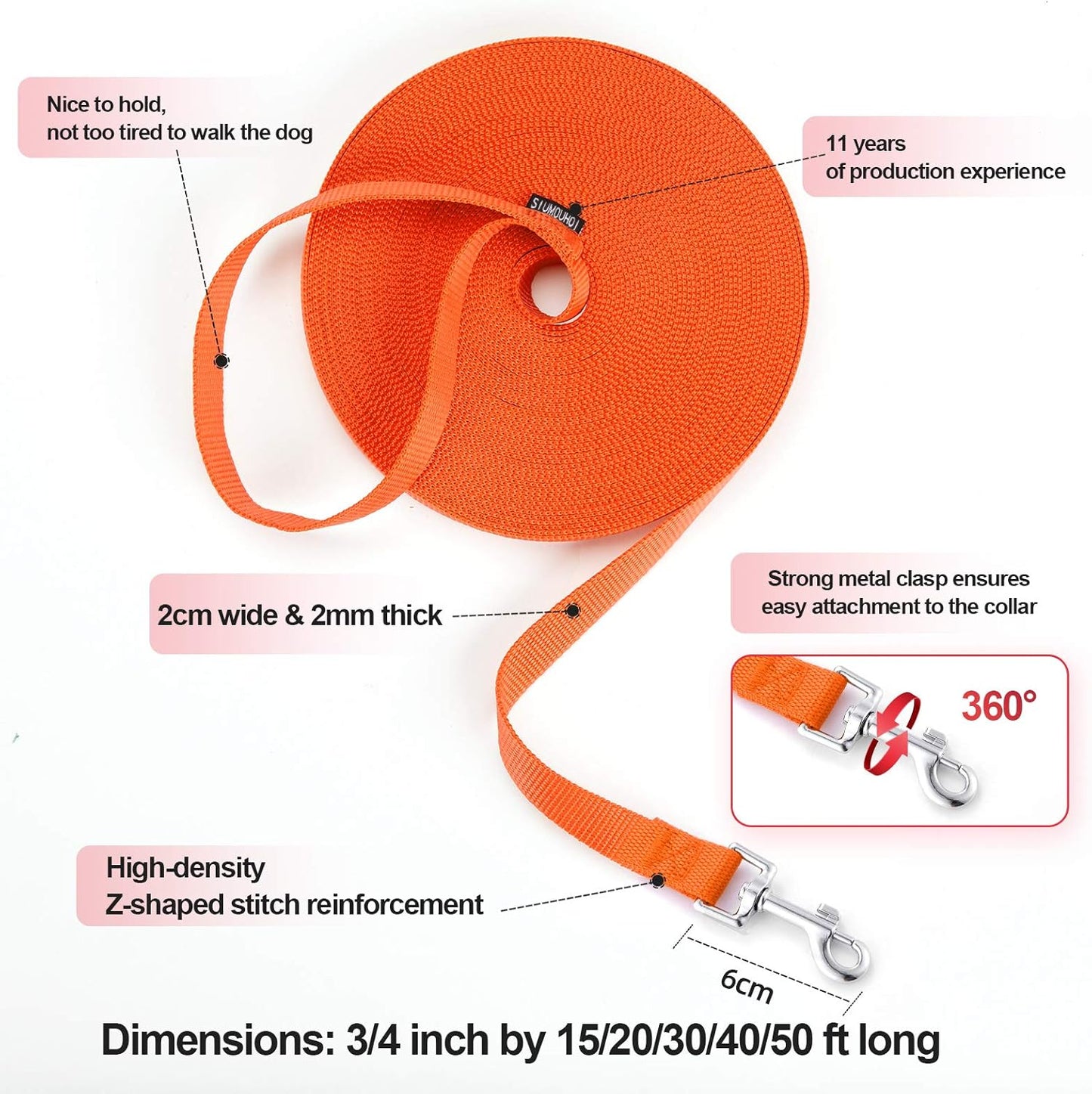 Siumouhoi Dog/Puppy Obedience Recall Training Agility Lead - 15ft 20ft 30ft 40ft 50ft Training Leash - Great for Play, Camping, or Backyard - Orange 20ft (20Feet, Orange)
