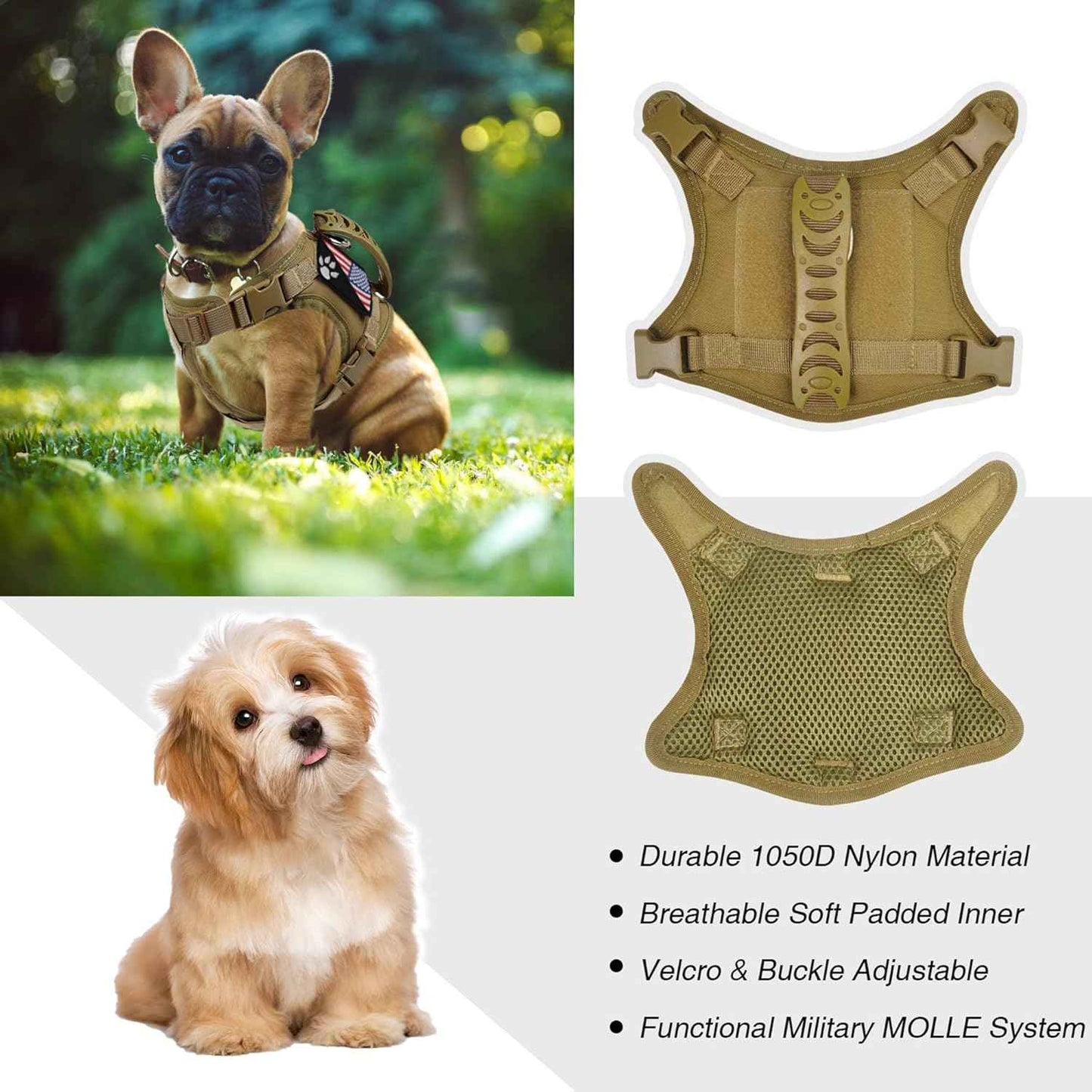 Tactical Dog Harness Tactical with Rubber Handle K9 Military Adjustable Puppy Pet Vest Harness for Outdoor Training XS (Brown Harness)