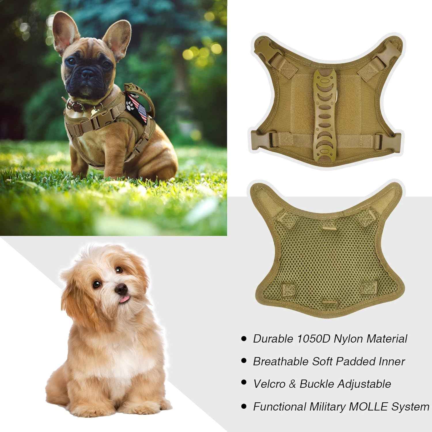 Tactical Dog Harness Tactical with Rubber Handle K9 Military Adjustable Puppy Pet Vest Harness for Outdoor Training XS (Brown Harness)