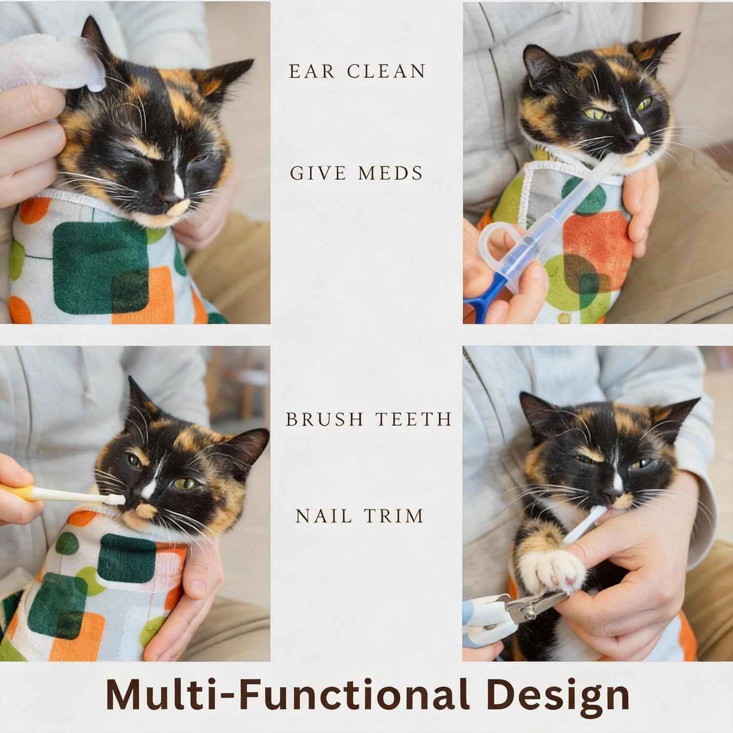 Cat Grooming Wrap, Self-Adherent Cat Wrap for Cutting Nails, Cat Burrito Wrap for Ear Cleaning & Medication, Cat Swaddle Wrap for Teeth Brushing, No-Scratch Cat Restraint for Nail Clipping, M