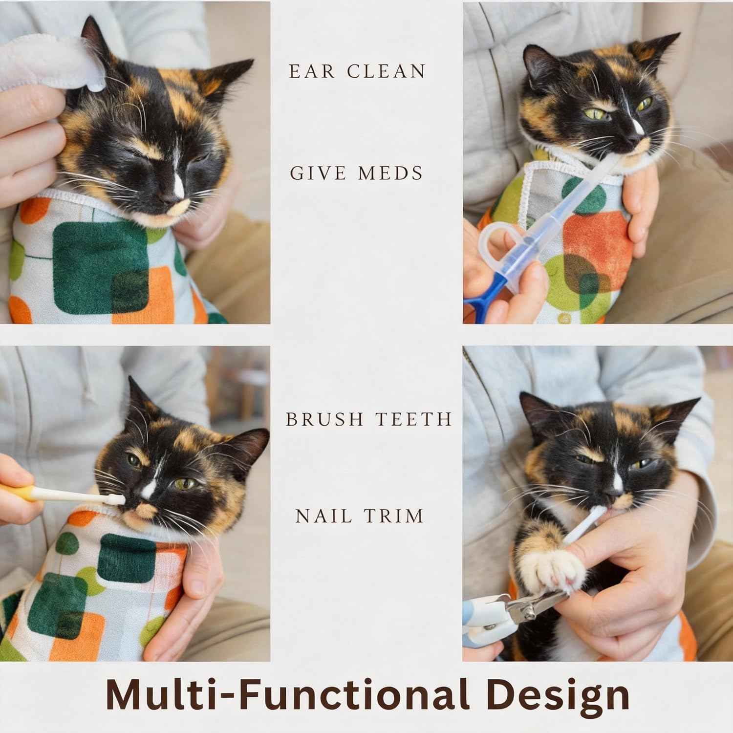 Cat Grooming Wrap, Self-Adherent Cat Wrap for Cutting Nails, Cat Burrito Wrap for Ear Cleaning & Medication, Cat Swaddle Wrap for Teeth Brushing, No-Scratch Cat Restraint for Nail Clipping, M