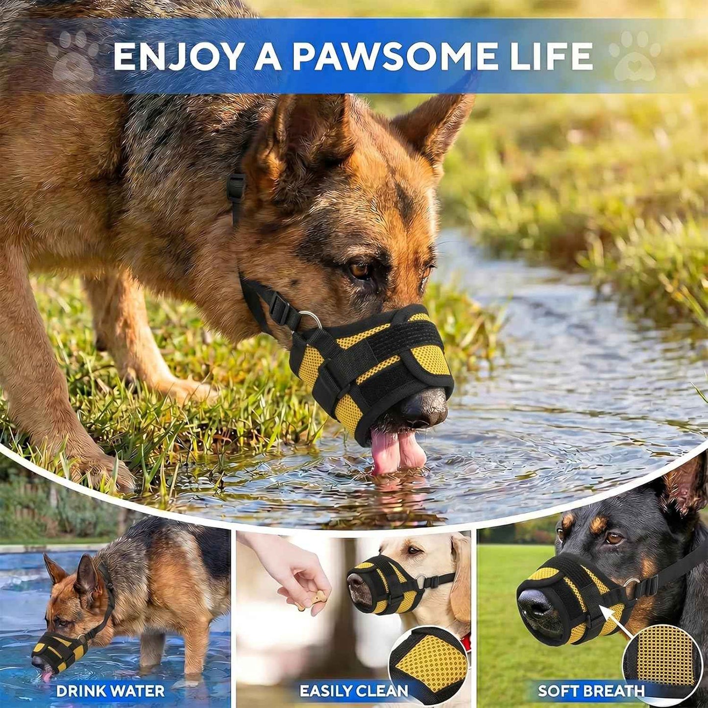 Dog Muzzle,Breathable Allows Panting and Drinking,Adjustable Comfortable Loop Muzzle for Small Medium Large Dogs for Walking Training Grooming Veterinary (Yellow, M for Medium Dogs)