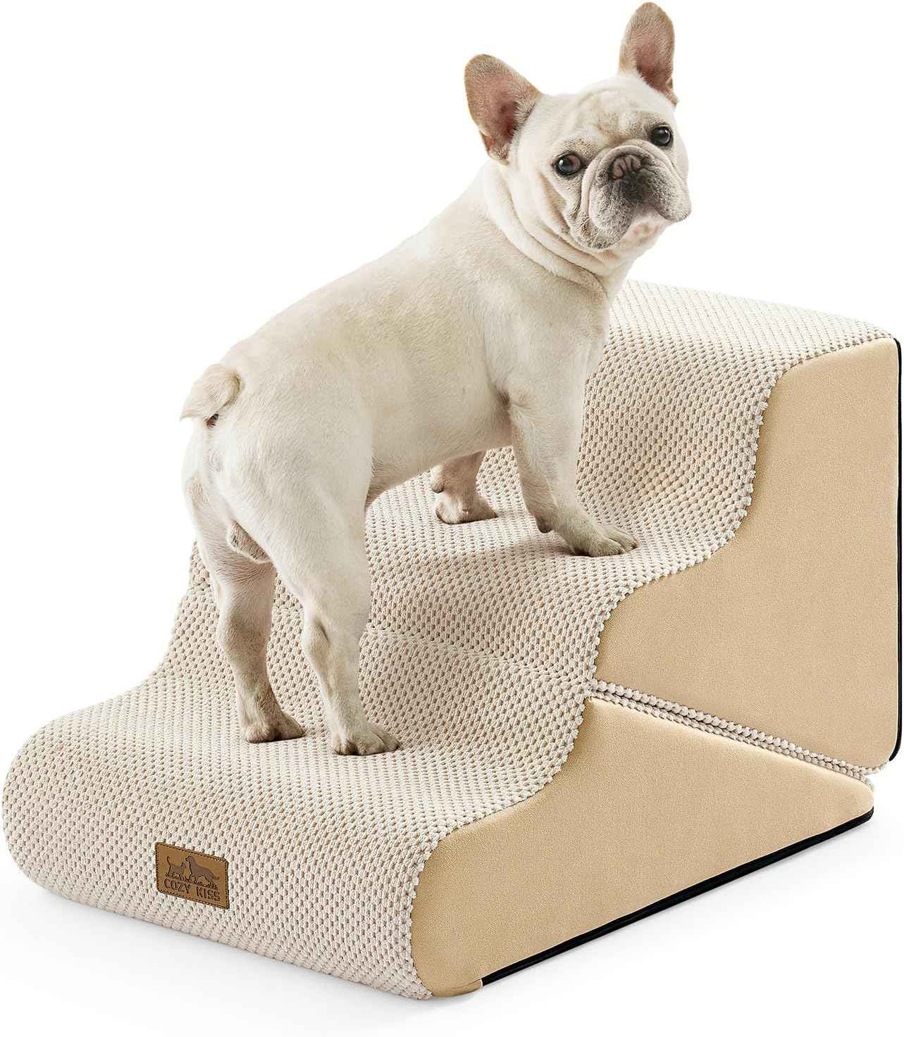 COZY KISS Dog Stairs for Small Dogs, 3-Step 2 in 1 Transformable Pet Stairs for Couch and Bed, 15.7" H Dog Steps for Old Cats, Puppy, Small Dogs (Beige, 15.7x22.4x15.7 in, 3.0)