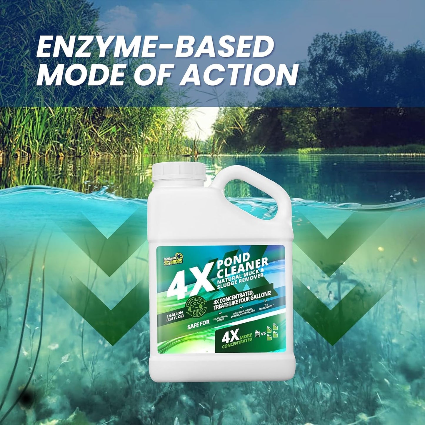 1 Gallon 4X Pond Cleaner - Treats Like 4 Gallons & Covers 4 Acres - Pond Cleaner for Outdoor Ponds, Pond Muck and Sludge Remover for a Clean, Natural Look, Ideal Pond Clarifier for Outdoor Ponds