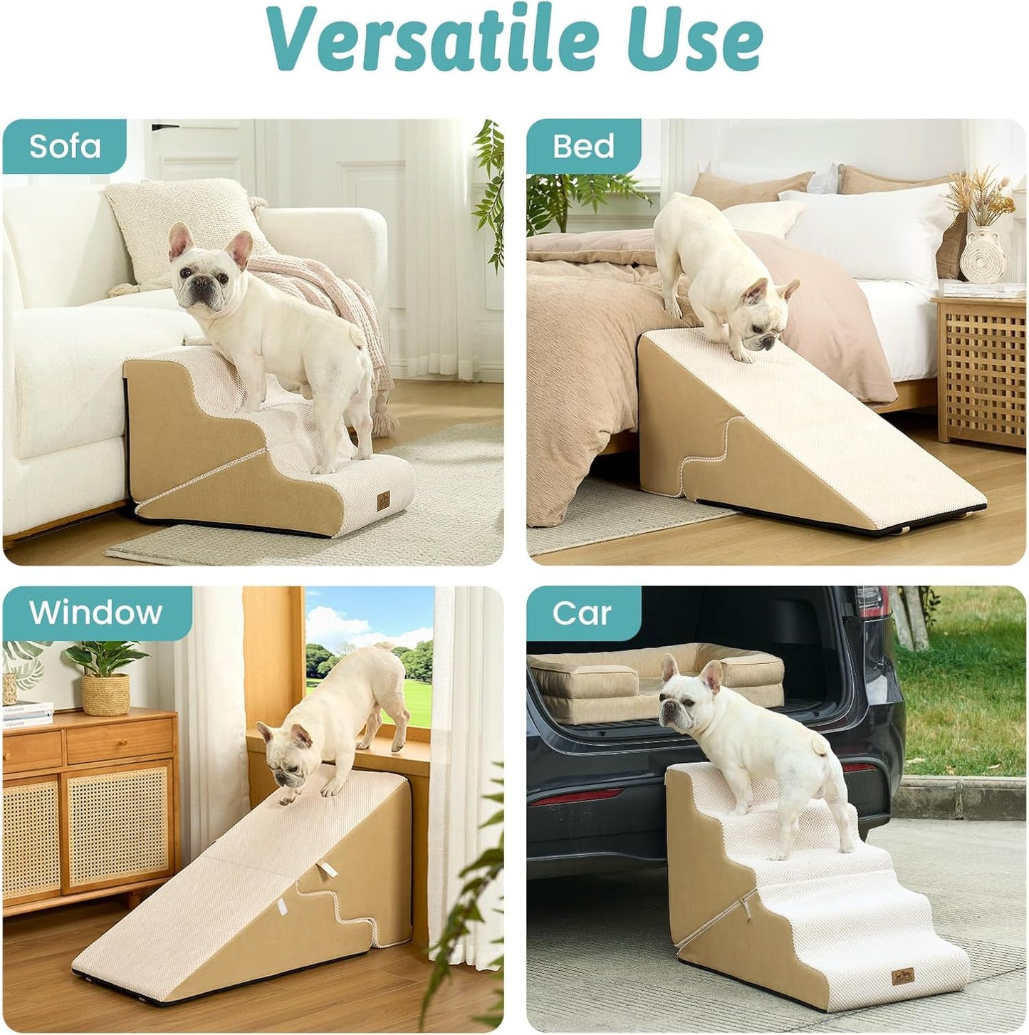 COZY KISS Dog Stairs for Small Dogs, 3-Step 2 in 1 Transformable Pet Stairs for Couch and Bed, 15.7" H Dog Steps for Old Cats, Puppy, Small Dogs (Beige, 15.7x22.4x15.7 in, 3.0)