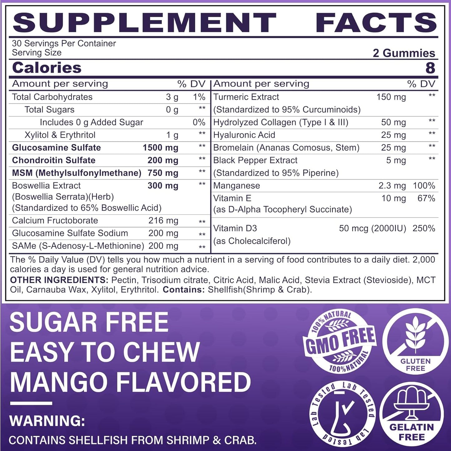Glucosamine Chondroitin Gummies, Sugar Free Glucosamine Chondroitin MSM Supplement, Extra Strength with Boswellia Turmeric, Hydrolyzed Collagen & Hyaluronic Acid, Bone Health for Men & Women, 60 Cts