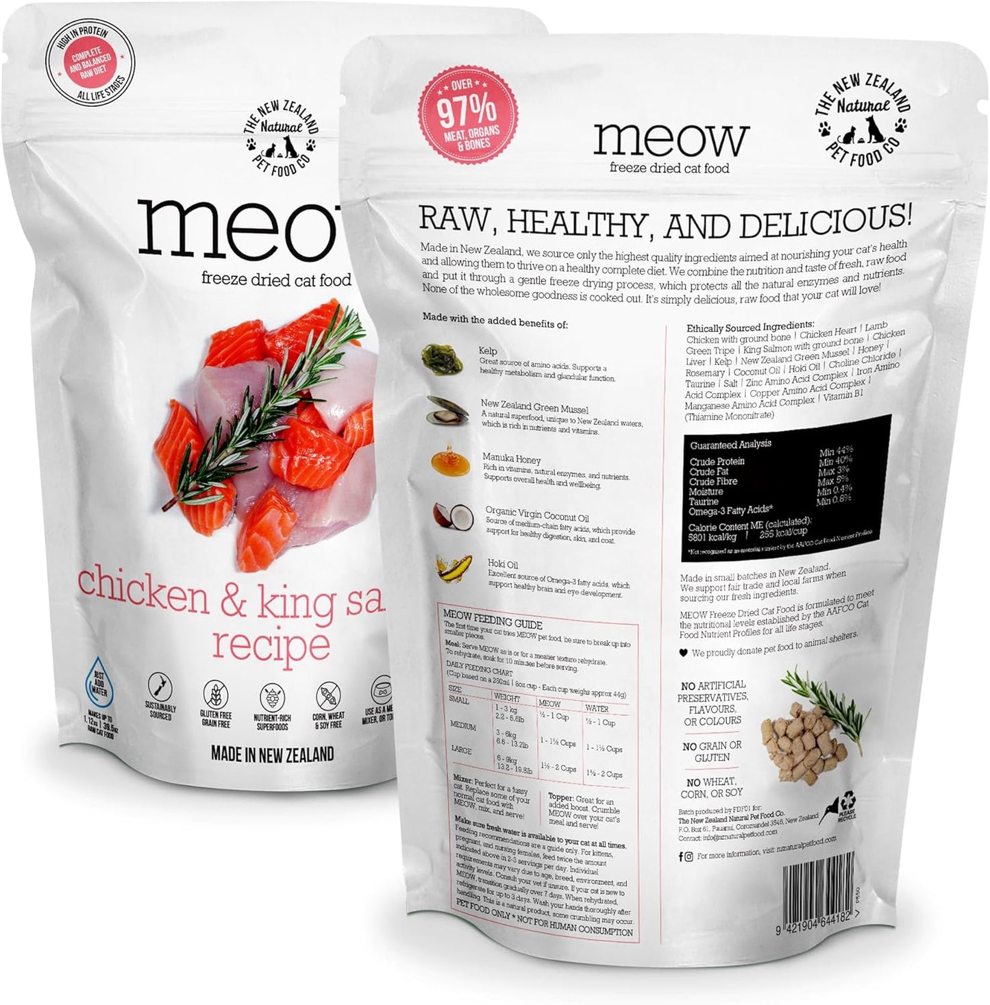 Meow Chicken & King Salmon Freeze Dried Raw Cat Food, Mixer, or Topper, or Treat - High Protein, Natural, Limited Ingredient Recipe 9.9 oz
