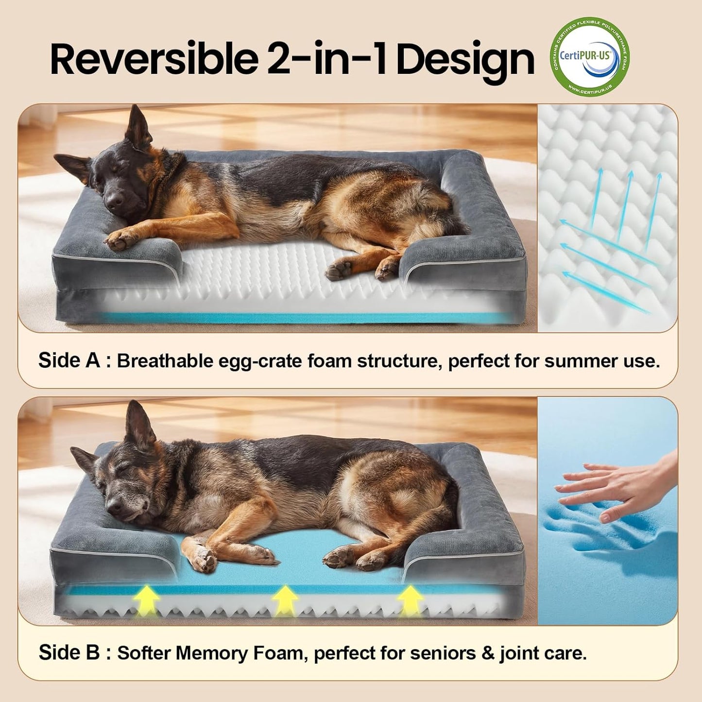 OhGeni Orthopedic Dog Bed Couch Big Cat Sofa for Extra Large Sized Pets with Memory Foam, Machine-Washable Waterproof Removable Cover, Soft Comfortable Fabric, 44-inch (Gray & Thickened Version)
