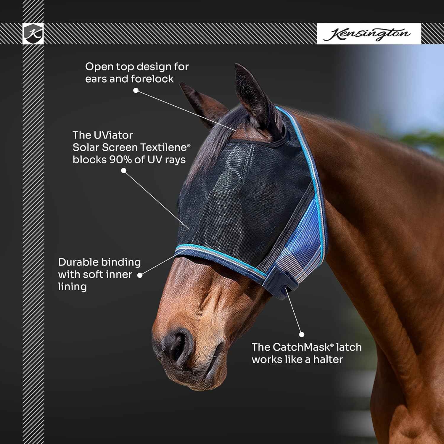 Kensington 90% UV Fly Mask Halter CatchMask UViator - Without Ears & Forelock Freedom Web Trim - Large, Lavender Mint