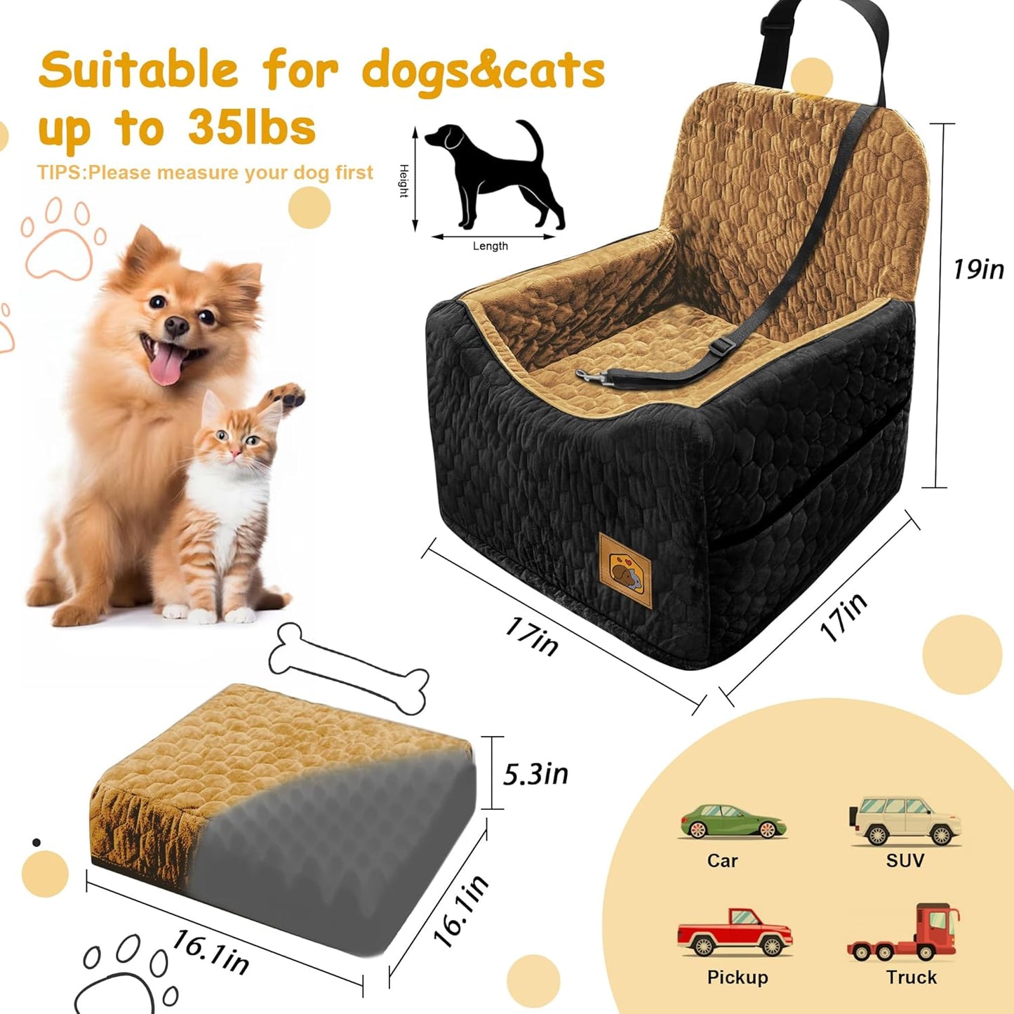 Dog Car Seat for Small/Medium Dogs, Memory Foam Dog Booster Seat, Travel Safety Per Car Seat with Washable Removable Cover, Storage Pockets for Dogs up to 35 lbs(BlackBrown)