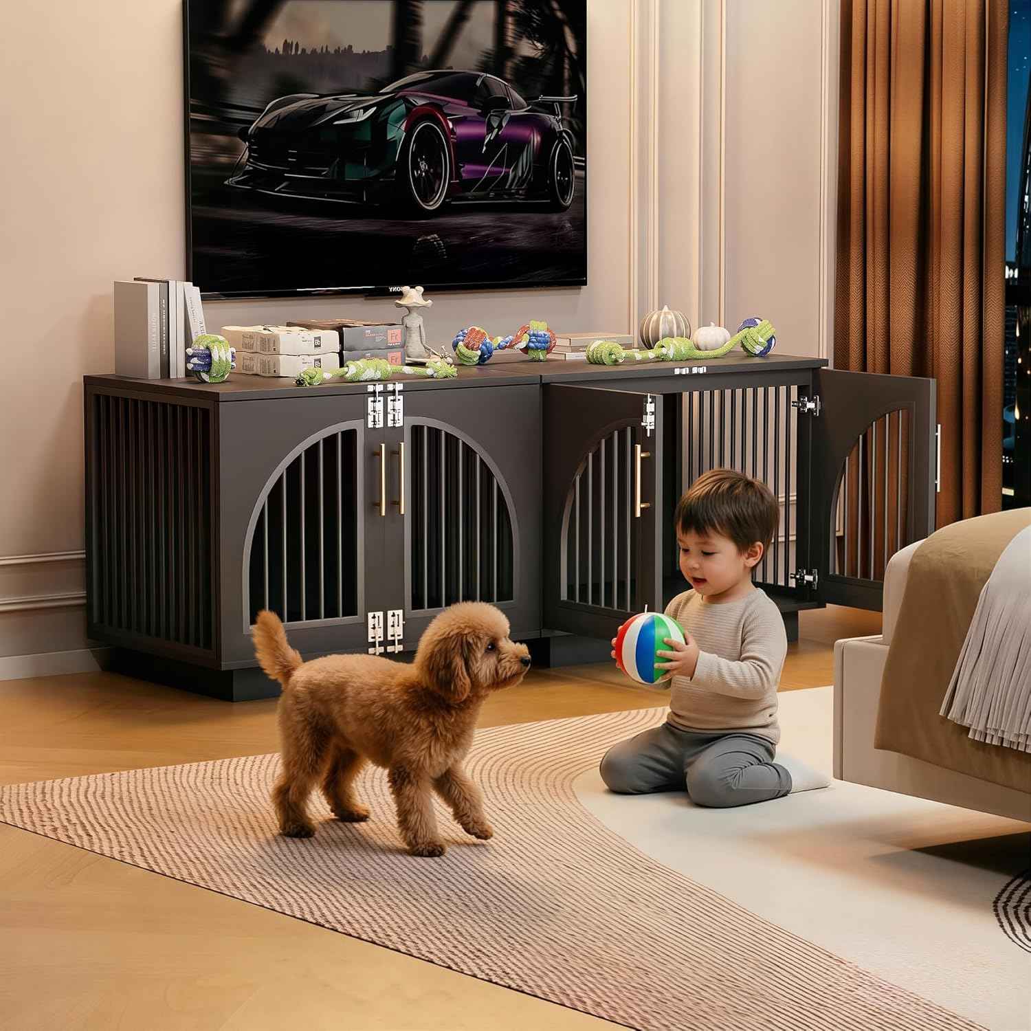 Kepptory Wooden Dog Crate Furniture End Table, Decorative Pet Kennel with Double Doors & Secure Latches for Small Medium Dogs, Black