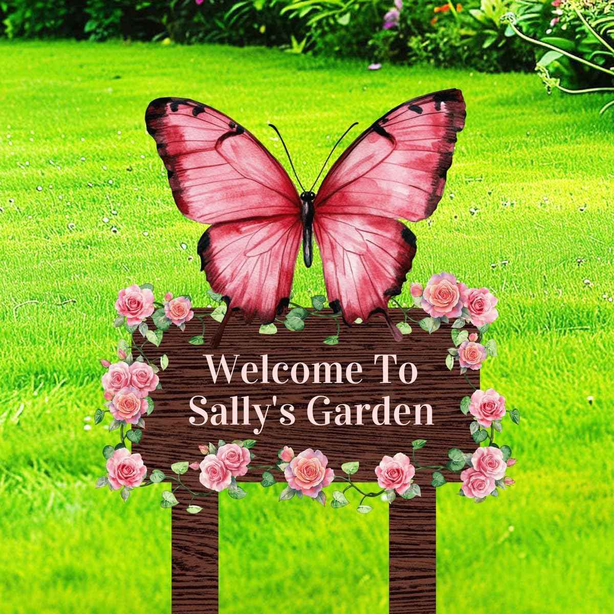 Personalized Butterfly Metal Garden Sign with Stakes, Custom Pink Rose Flowers Garden Stake Yard Signs for Gardener Mom Nana Outdoor Decor Lawn Art