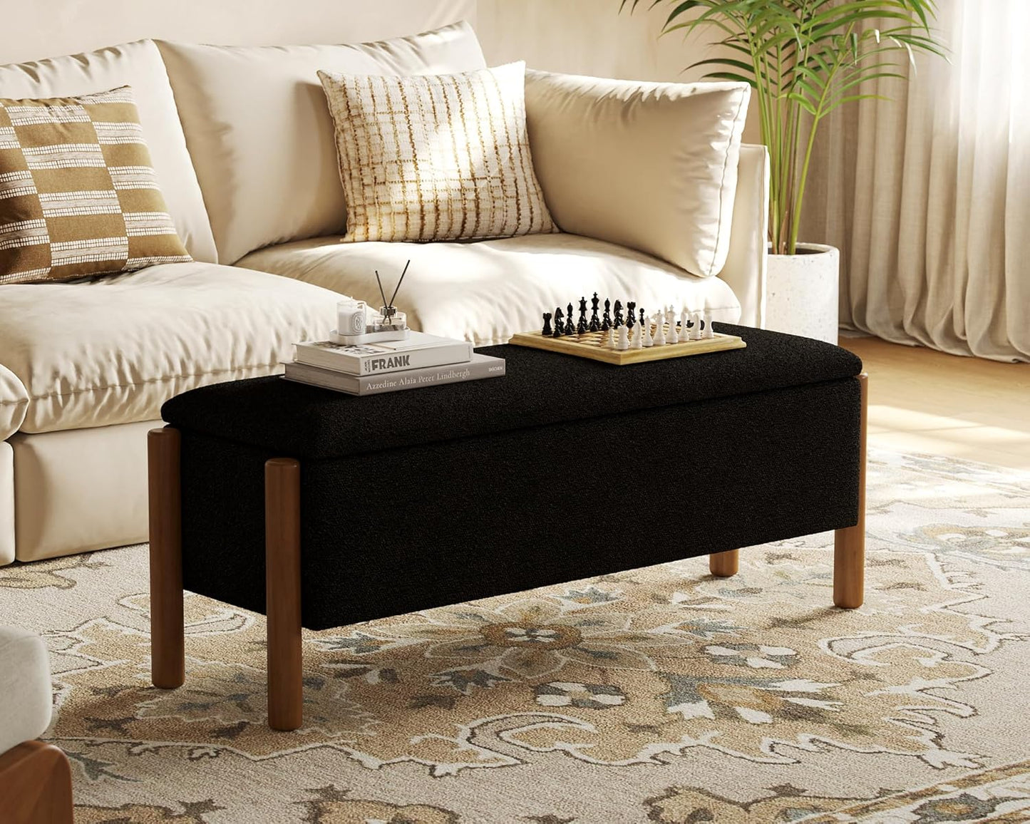 Storage Ottoman Bench, End of Bed Bench for Bedroom, 47" Boucle Upholstered Entryway Shoe Seat Benchs, Holds up to 660 lb Storage Ottoman, Padded Blanket Chest Stool Foot Rest for Living Room Black