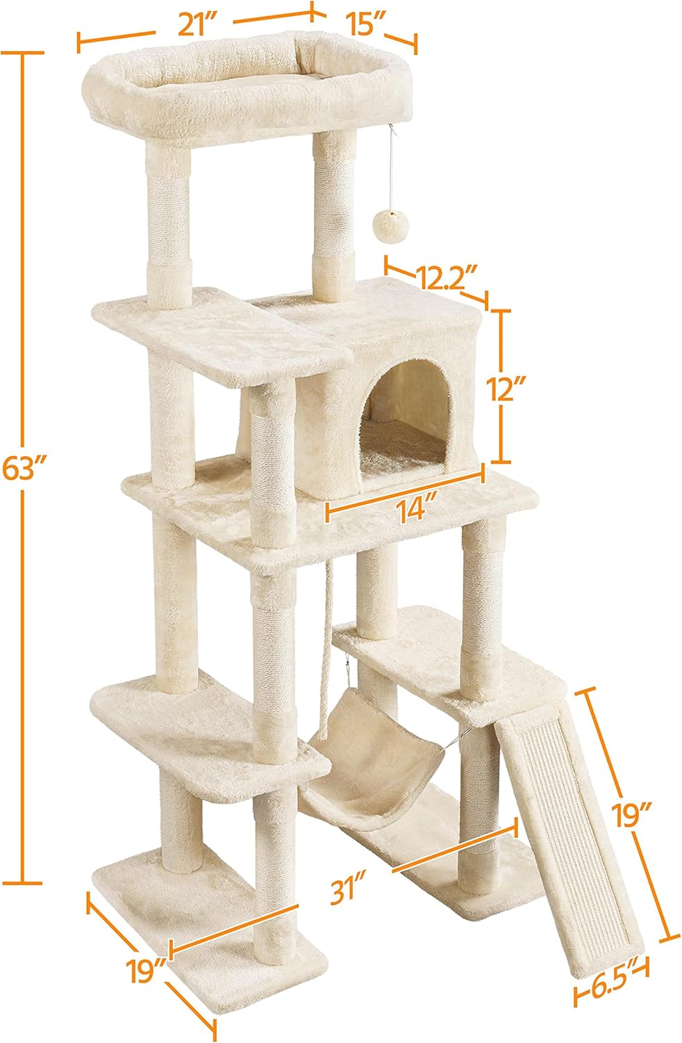 Yaheetech Cat Tree, 63 Inches Multi-Level Indoor Cat Play Structure with Scratching Posts, Hammock, and Dangling Ball