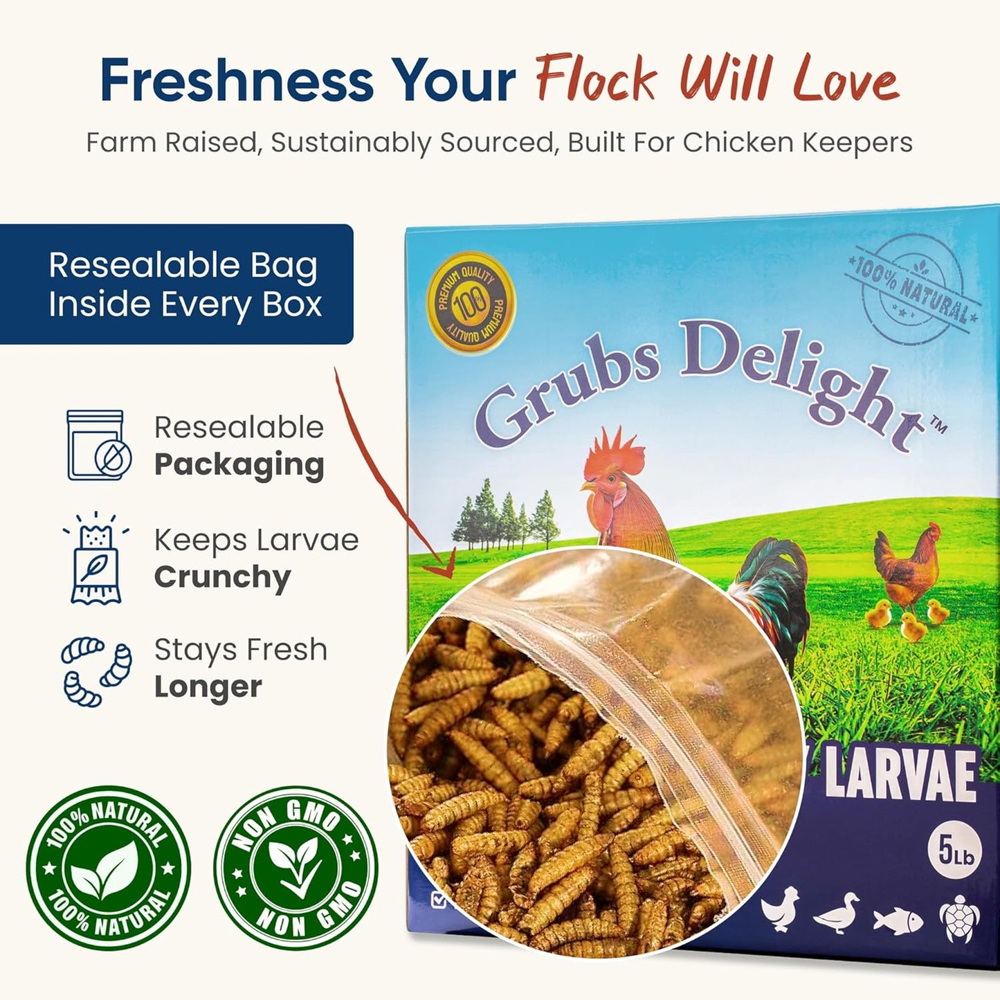 5LB Dried Black Soldier Fly Larvae for Chickens – 85x More Calcium Than Mealworms, for Chickens and Birds, 100% Natural Non-GMO Chicken Worms Treats, High Protein & Calcium Poultry Feed