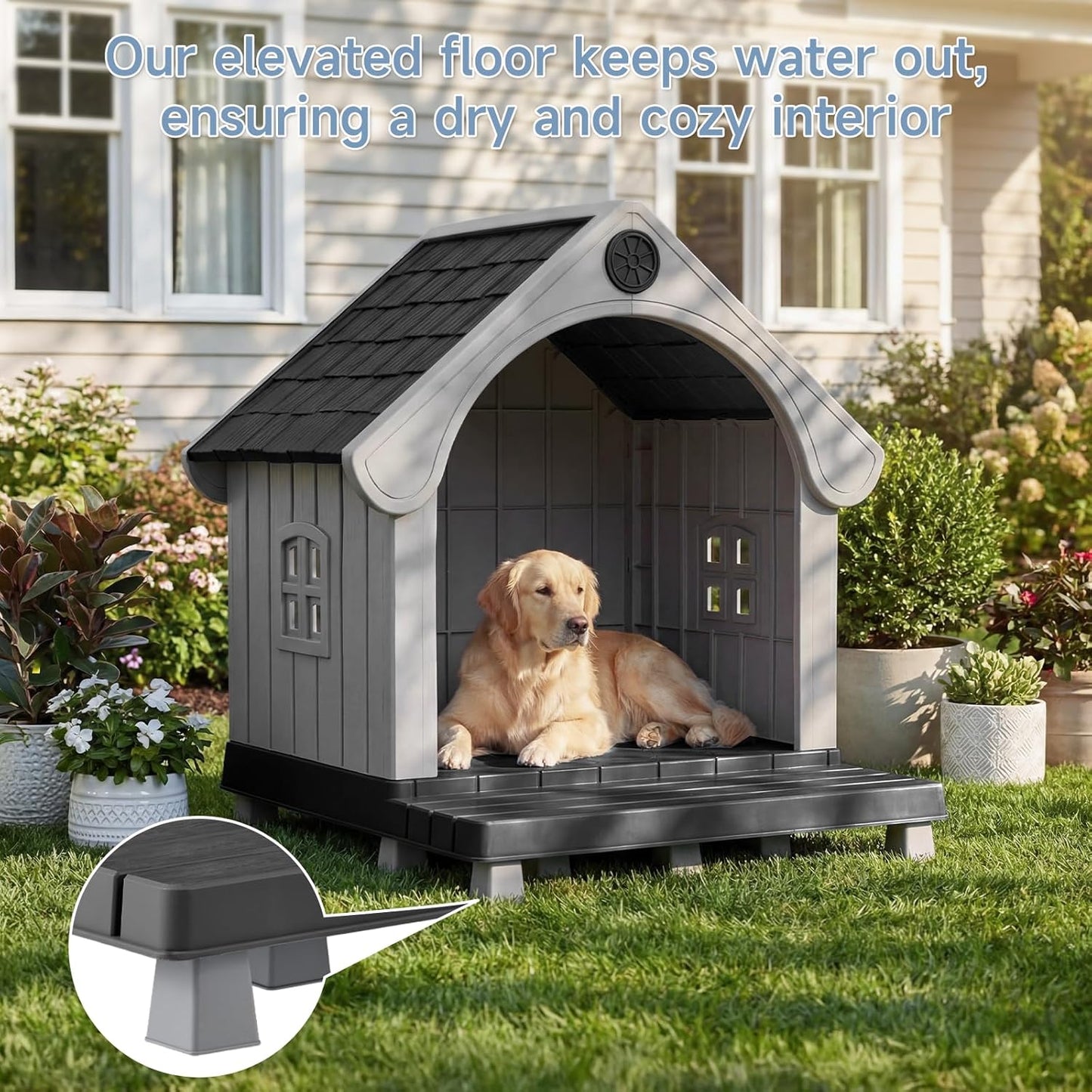 Dog House Outdoor Indoor Waterproof, Plastic Large Dog House with Elevated Floor and Air Vents, Sturdy Puppy Shelter for Large Medium Dog, Easy to Assemble, (Black 38×37×33 Inches)