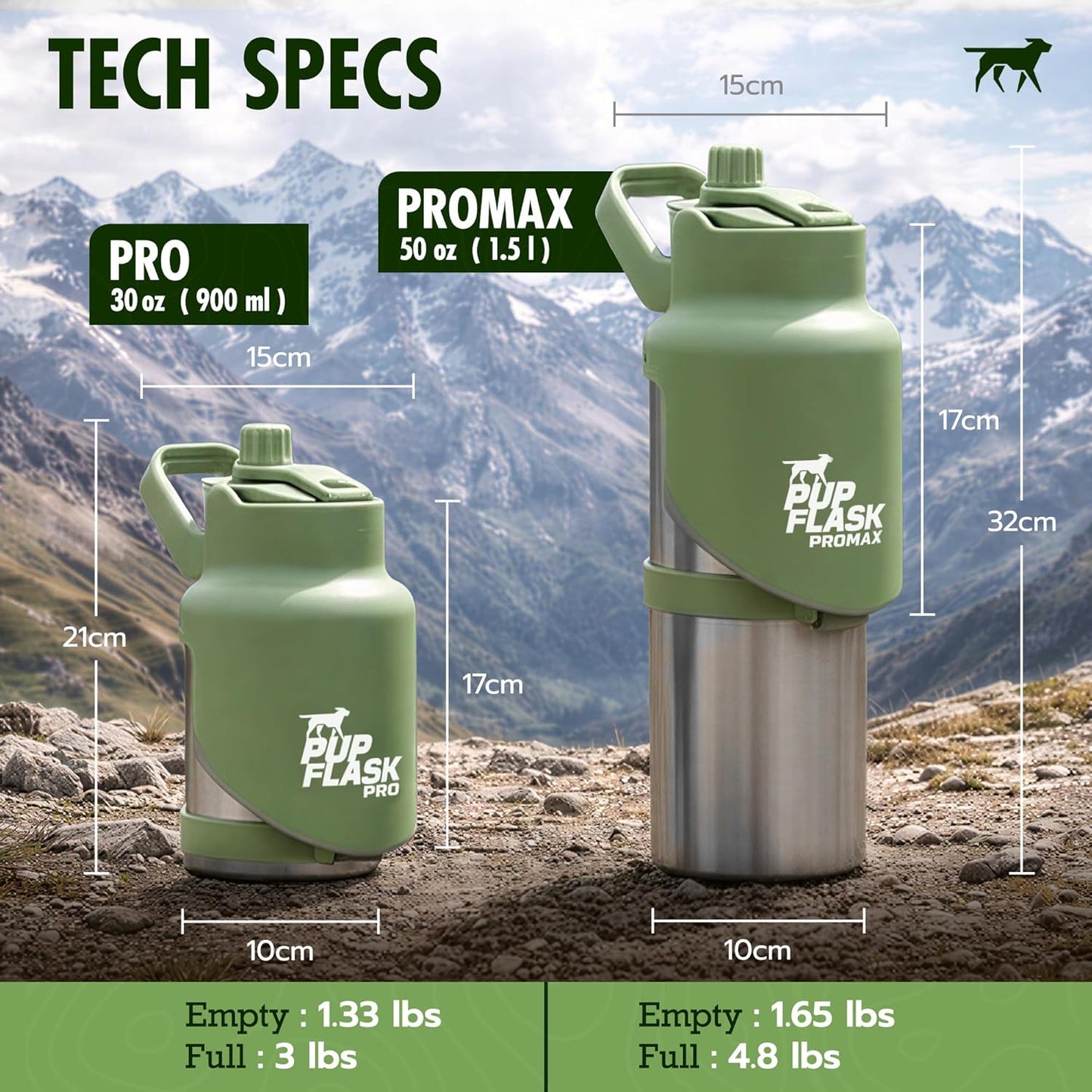 PupFlask Pro Dog Water Bottle | 30 or 50 OZ Double Wall Insulated Stainless Steel | Built-In Flip Cup Bowl | Leak Proof Cap | 24+ Hour Cold Water | Small & Large Dogs | Portable Pet Hydration Bottle