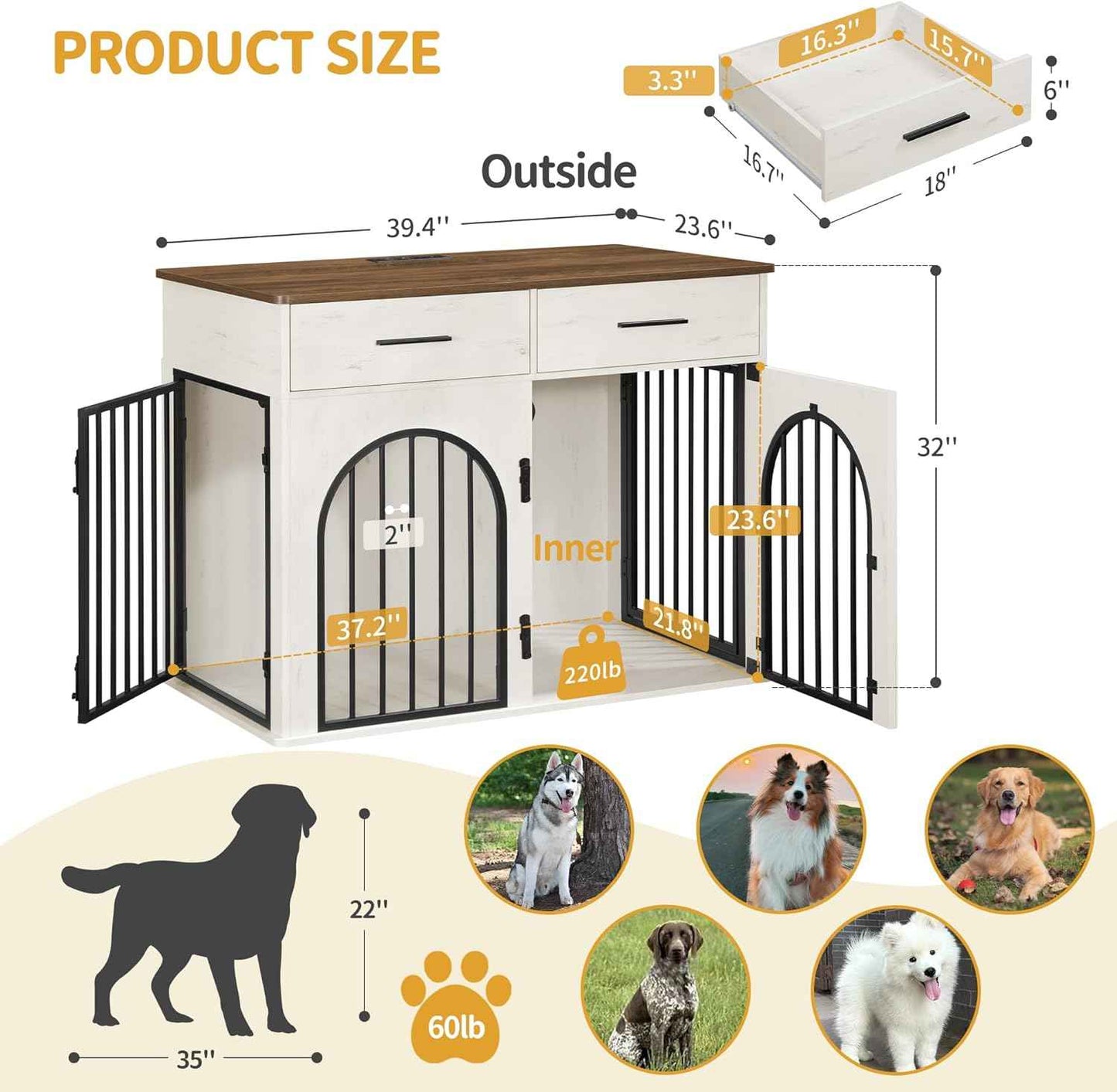 Hzuaneri 39.4'' Large Dog Crate Furniture with 2 Storage Drawers, Heavy Duty Dog Kennel Indoor with Charging Station, Wooden Dog Cage End Table Kennel for Medium/Large Dogs, White Brown DFC84214B