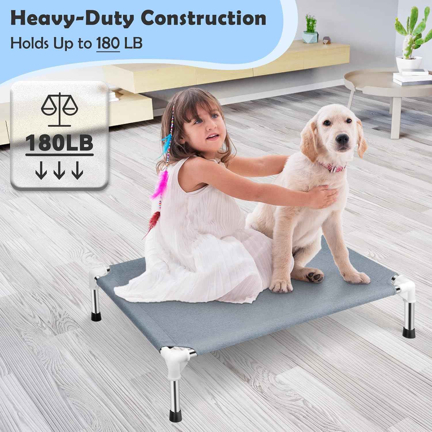 Elevated Cooling Dog Bed, Raised Outdoor Dog Bed for Medium Dogs, Portable Pet Cots with No-Slip Rubber Feet, Double Layer Polyester Cotton