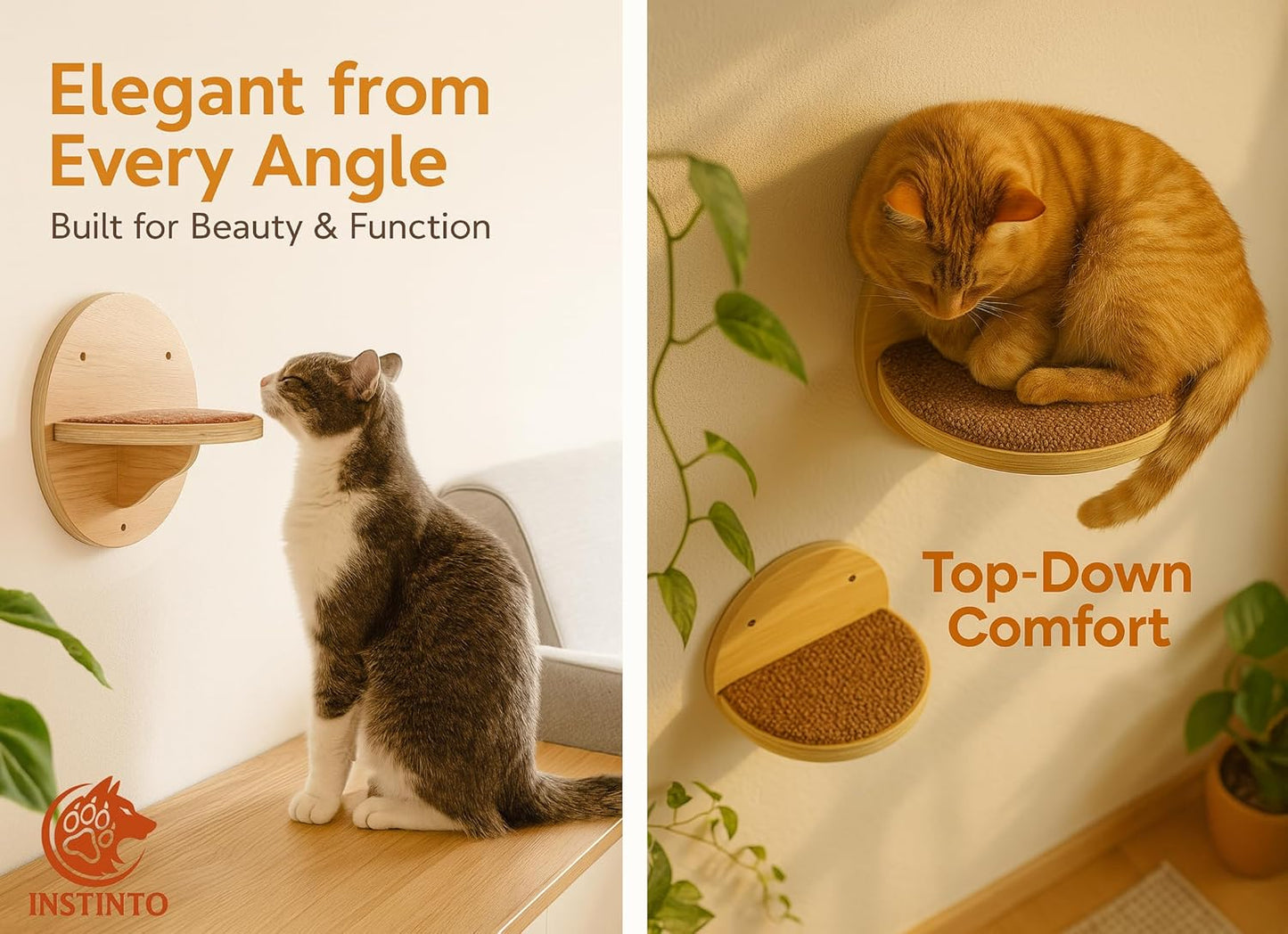 Cat Wall Shelves - Set of 4 Round Floating Wall Steps Scratch Pads, up to 20Lbs. Saving-Space Decorative Wall-Mounted Cat Furniture for Climbing, Playing & Resting - Solid Natural Wood by INSTINTO