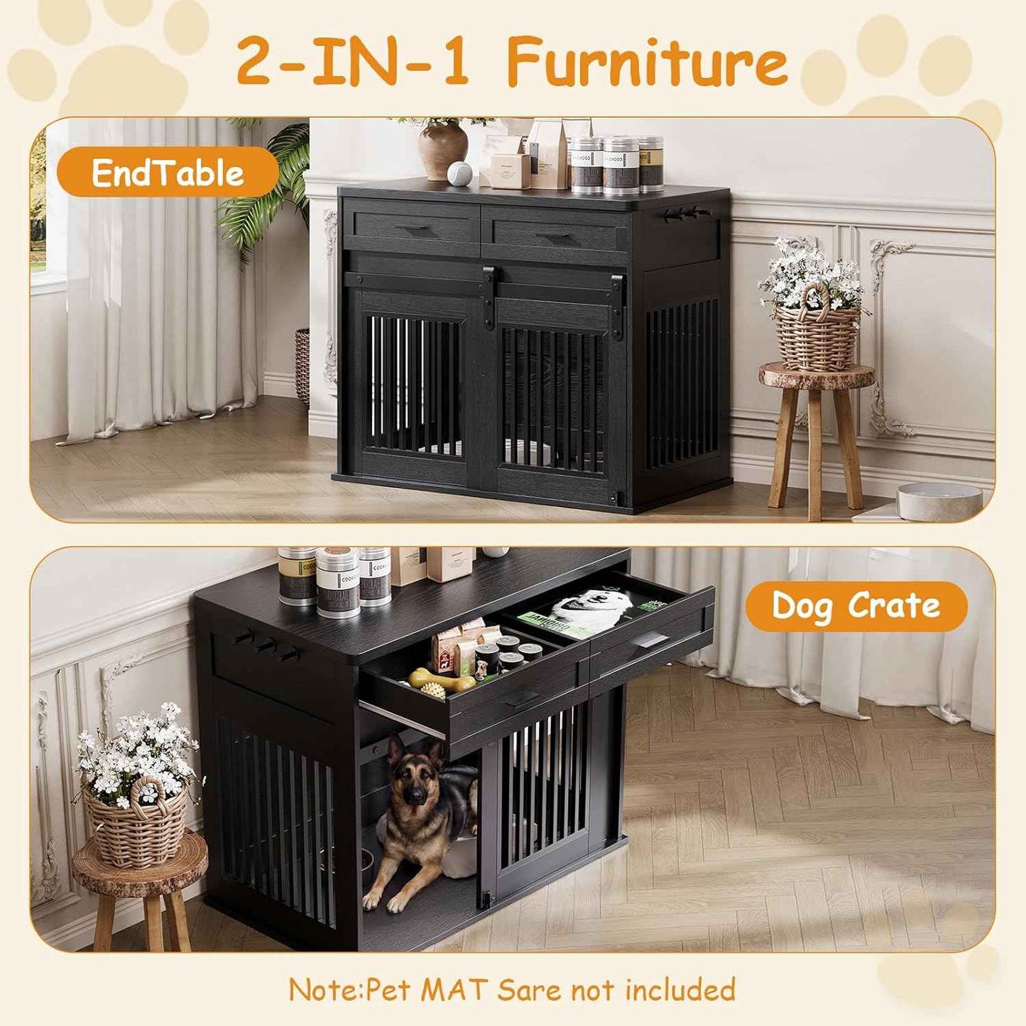 44.5" Large Dog Crate Furniture with 2 Storage Drawers,Heavy Duty Wooden Pet Kennel with Sliding Barn Door & Hook,Dog Kennel End Table TV Stand,Farmhouse Style Dog Crates for Medium/Large Dogs,Black