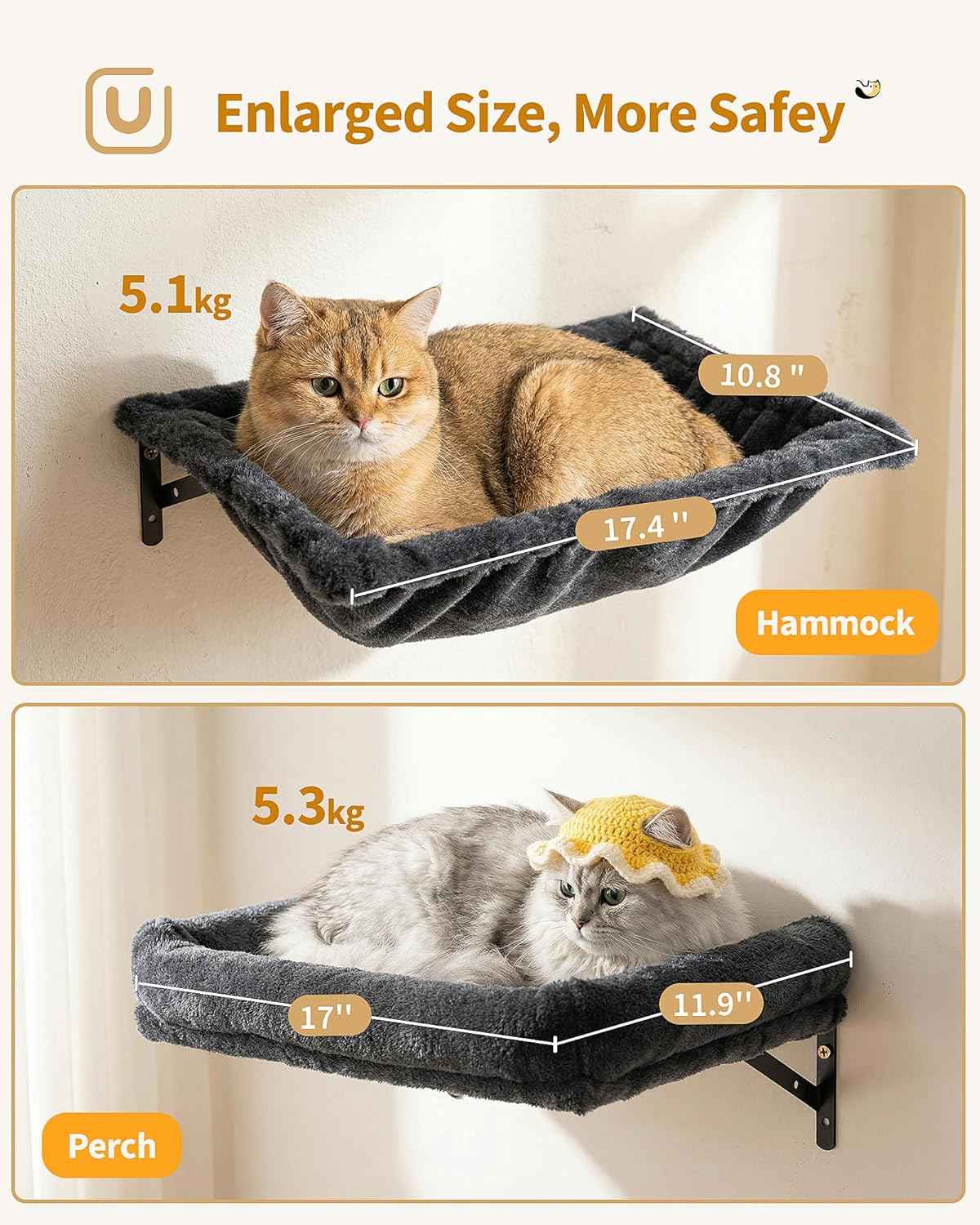 Aechonow Heavy Duty Cat Wall Shelves for Large Cats, 6-in-1 Cat Furniture Set with 17" × 11.9" Large Perch Bed and Hammock, Cat Climbing Wall Systems with Vertical Cat Scratcher