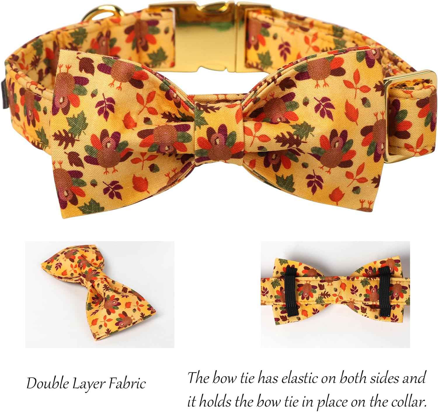 Lionet Paws Thanksgiving Day Dog Collar with Bowtie, Dogs Bowtie Collar with Metal Buckle for Dogs, Adjustable Comfortable Turkey Dog Collars Girl Boy, XL, Neck 16-26 in