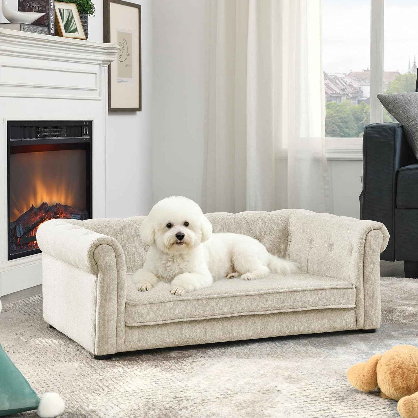 Dog Sofa Couch for Medium Dogs, 39" Memory Foam Pet Couch with Washable Fabric Removable Cushion, Sofa Bed for Medium Dogs, Beige Grey