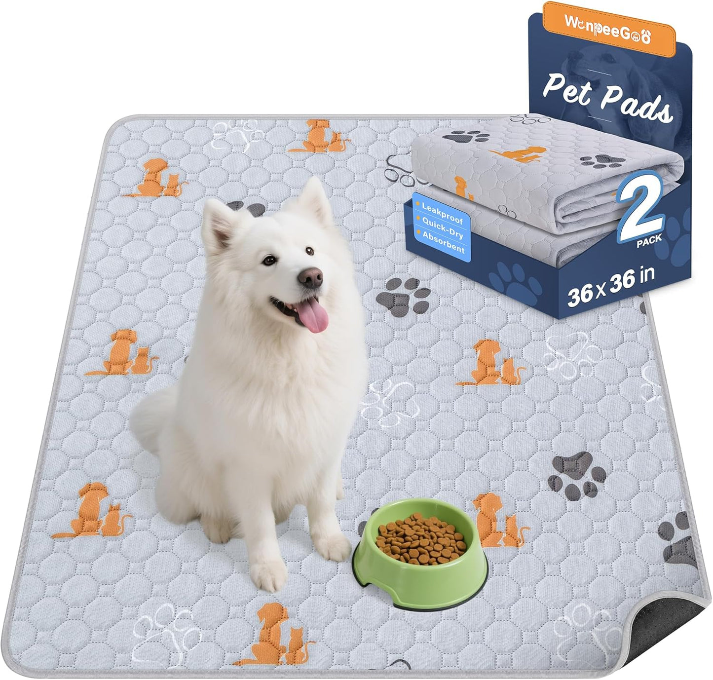 Washable Pee Pads for Dogs, 2 Pack Absorbent Reusable Training Dog Pads Pet Puppy Pads, Non-Slip Potty Pads for Whelping, Playpen, Crate, Bed, Orange, 36"x36"