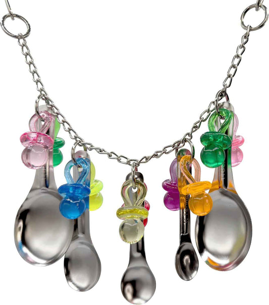 Impeckable Bird Toys 1969 Spoon Pacifier Shine - Essential Bird Cage Accessories, Parakeet & Parrot Toys for Cage - Hanging Stainless Steel Spoons, Acrylic Pacifiers - Conure, Cockatiel, African Grey