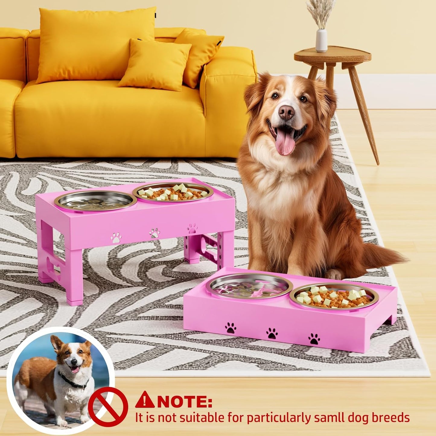 Elevated Dog Bowls with Mat, Raised Dog Food Bowl Stand with 2 Stainless Steel Bowls, 5 Height Adjustable (3.1", 9", 10", 11", 12") Non-Slip Feeder Set for Medium and Large Dogs – Pink
