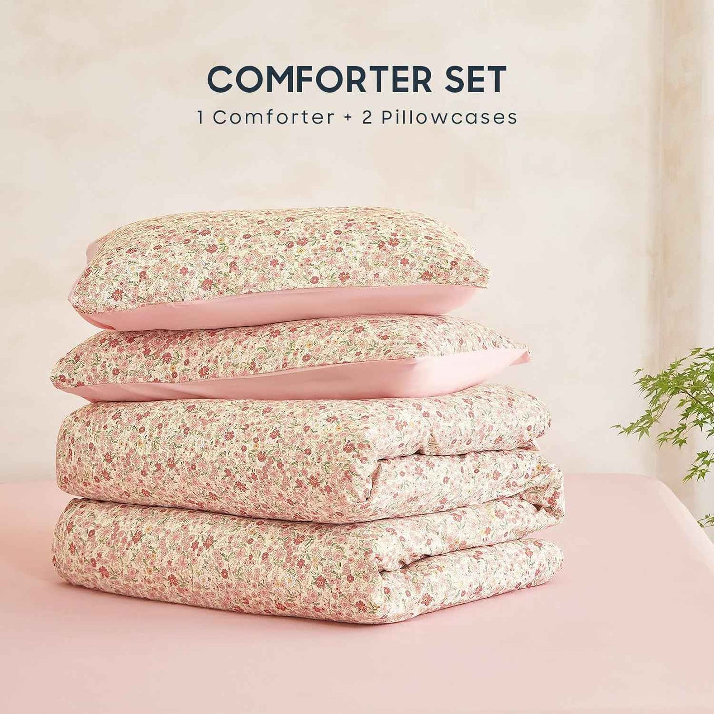 Wake In Cloud - Floral Comforter Set, Cute Vintage Flower Cottagecore Aesthetic for Women Teen Girls, Soft Lightweight Dorm Bedding, 3 Pieces, Cream Pink, Full Size